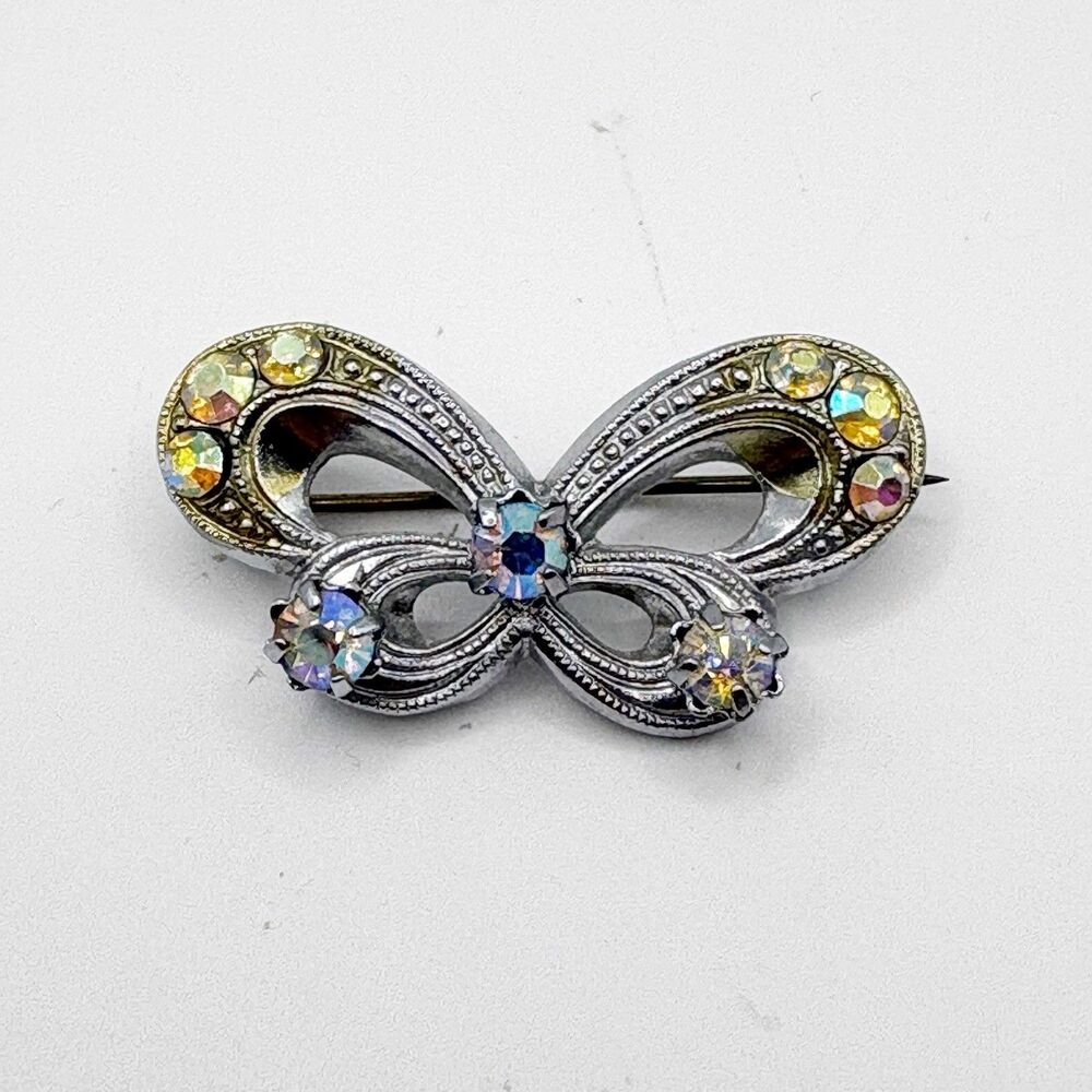 Vintage Butterfly Brooch Pin AB Crystals Marcasite Silver Tone C Clasp